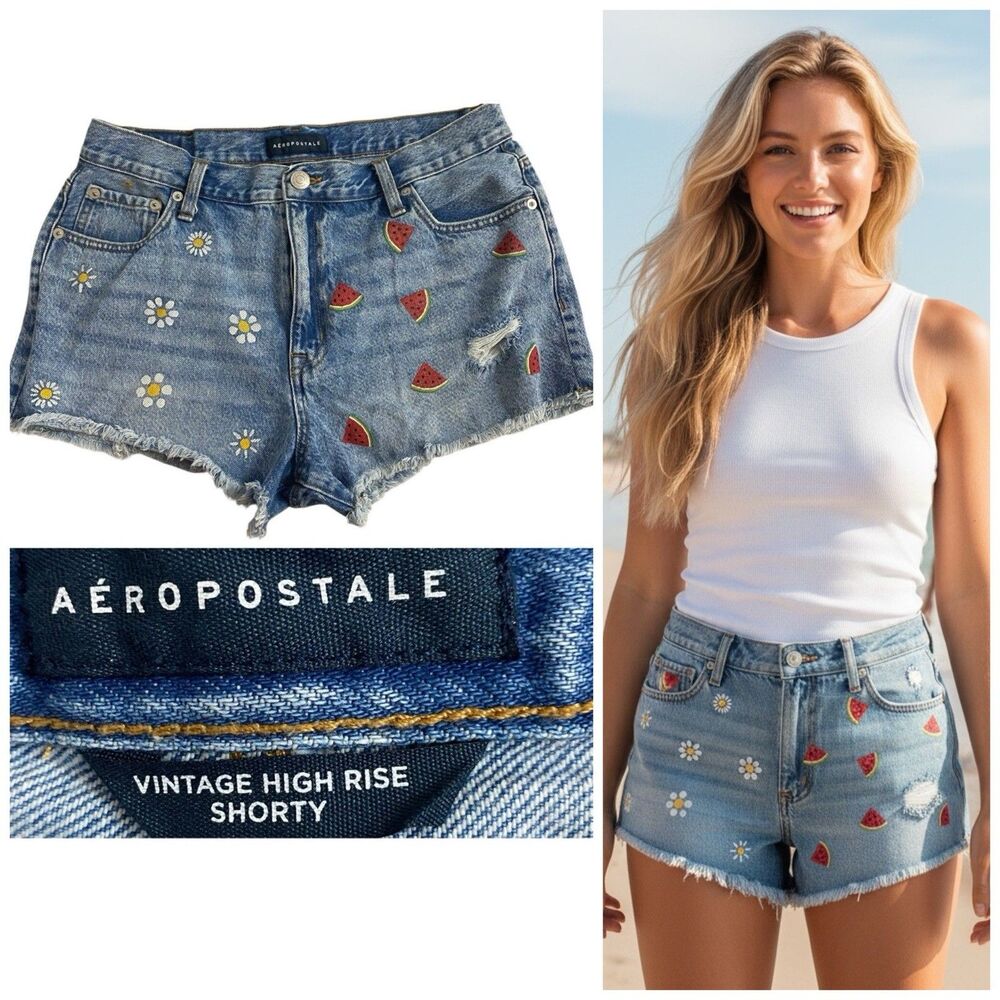 Aeropostale Denim Shorty Shorts Sz 12 Daisy Watermelon Print Vintage High-Rise
